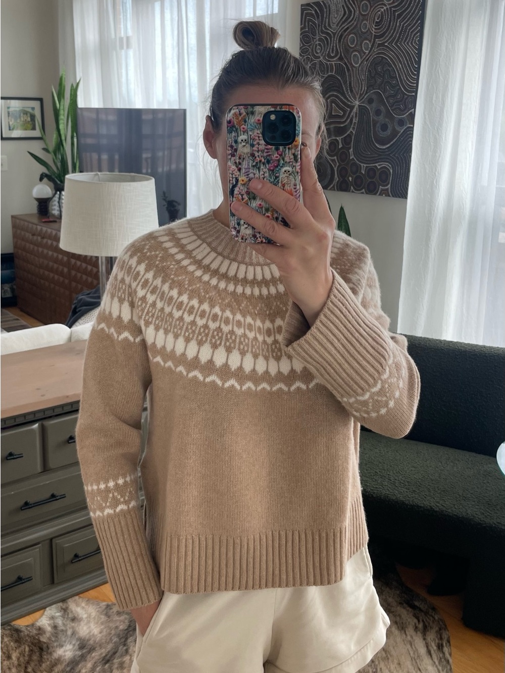 Jcrew Cashmere Boxy Fair Isle Sweater Tan S